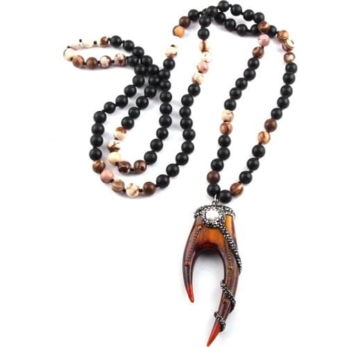Fashion Bohemian Jewelry 8mm 108 Bead Multi Stones Long Knotted Handmade Paved Teeth & Moon Pendant Necklaces For Women Jewelry