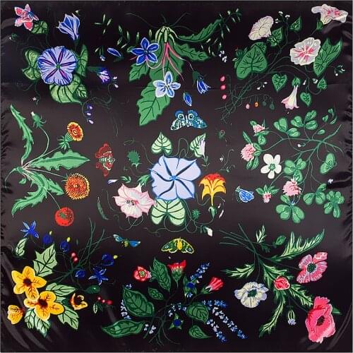 2017 New Design Winter Black Morning glory Flower Square Silk Scarf Lady Spring Headband Shawl Women Foulard Bandana 90*90cmM241