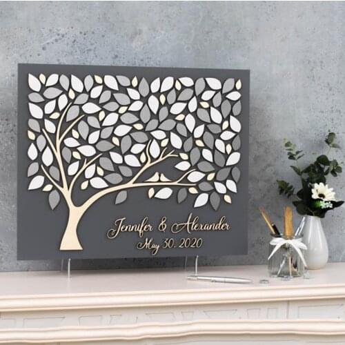 Personalized 3D Silver Wedding Guestbook Alternative Tree Wood Sign Custom Guest Book for Rustic Wedding Decor Gift Bridal