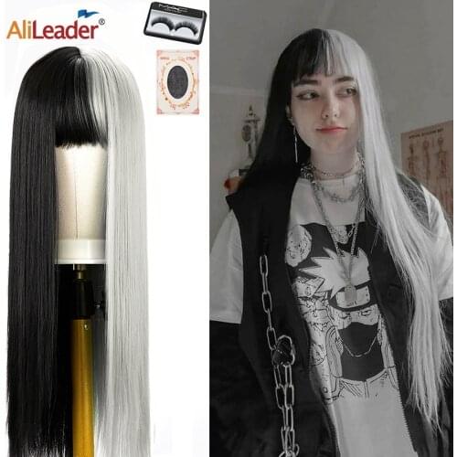 Alileader Dropshipping Two Tone Wigs For Black Women Synthetic Wig Heat Resistant Wig Half Black And Gray Cosplay Wig With Bangs