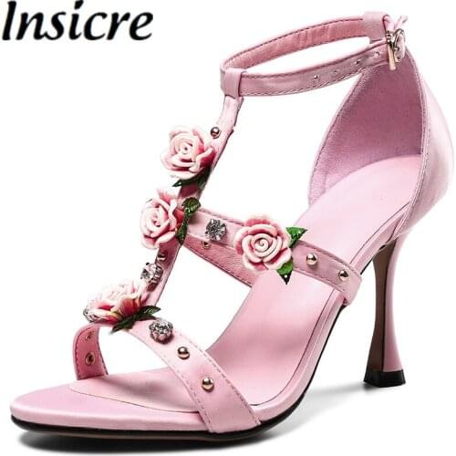 Insicre Satin 2021 Summer Fashion Women Sandals Pink Flower Round Toe Crystal Buckle 8 CM Thin High Heel Shoes Size 43
