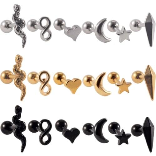 1pcs Surgical Steel Snake Ear Stud Star Heart Cartilage Helix Lobe Conch Piercing Cute Earrings Woman Gift Body Piercing Jewelry