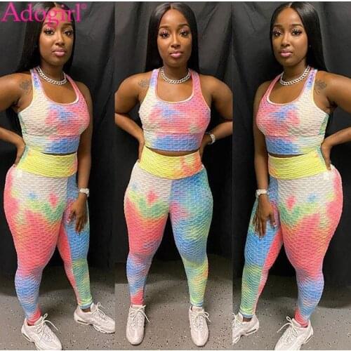 Adogirl Casual Tie Dye Print Merbau 2 Piece Set O Neck Tank Crop Top Tight Medium Waist Trousers Fashion Suit Sporty Tracksuit