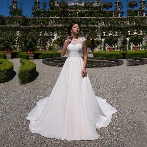 Vintage Scoop Applique Lace With Beading Pearls Sashes Wedding Dress Chiffon A-line Keyhole Wedding Gowns For Bride Cap Sleeves