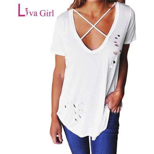 LIVA GIRL Cotton T-shirt Women Summer Hollow Out Short Sleeve Tops Fashion Sexy Deep V Neck Crisscross Neckline Cotton Tee S-XXL