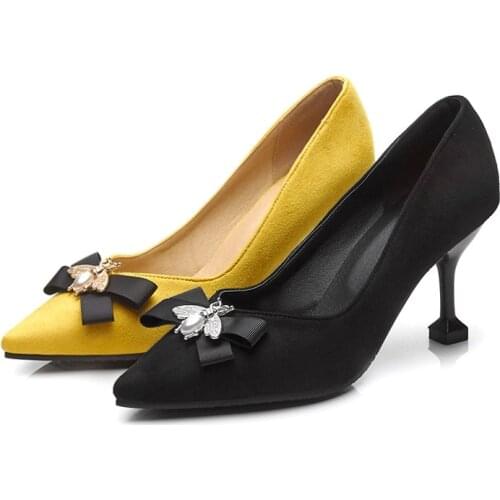 Ladys Retro Plus Size EU34-48 Suede Flower Rhinestones Pointy Toe 2.55" Thin High Heels Shoes Women Pumps Evening Dancing Party