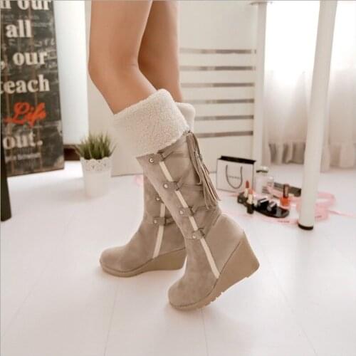Shoes for Women Knee-High Boots Snow Boots Winter Warm Fur Wedge Thick Bottom Black Boots Shoes Female Shoes Plus Size 35-43