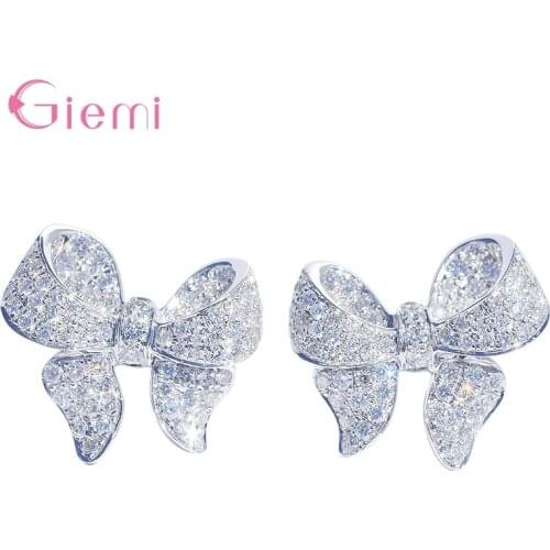 Romantic Bowknot Women Stud Earrings Full Paved Shiny Crystal Zircon Delicate Girl Fashion Earrings Jewelry Accessories