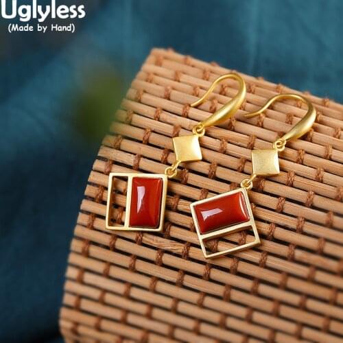 Uglyless Geometric Square Minimalism Jewelry for Women Agate Gemstones Earrings Anti-fade Real Gold Brincos 925 Silver Earrings