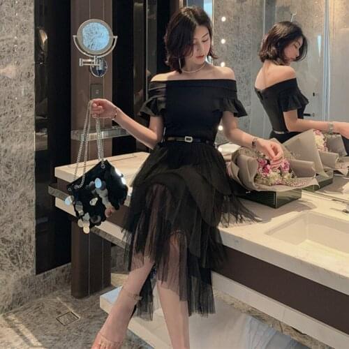 Cascading Ruffle Sashes Princess Dress Summer 2019 Women Black Short Sleeve Slash Neck Elegant Party Dress Bandage Mesh Dresses