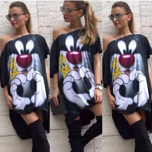 Women Femme Cartoon Print Imprimer Loose Cotton Casual Dress Sexy Plus Size Short Sleeve Dress