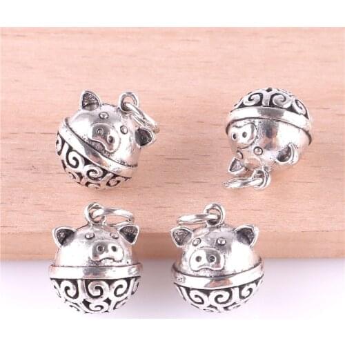 2pcs 23439 Vintage Silver Cute Pig Bell Charms Pendant For Jewelry Making Craft Handmade Accessories