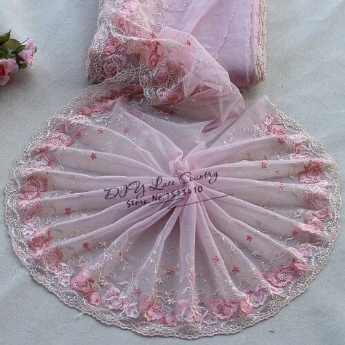 Free shipping 2yards/lot 23cm wide Embroidered Floral Tulle Lace Trim~ Pink ~lovely