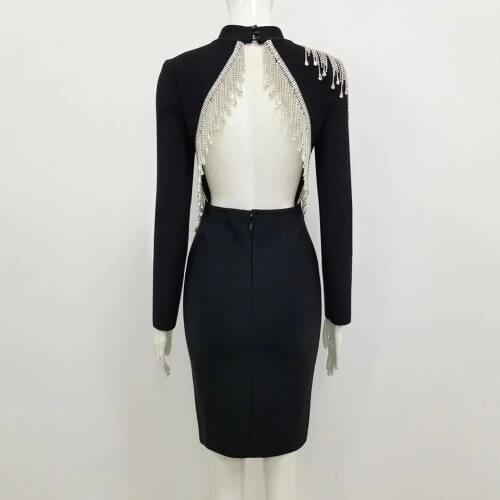 2021 Fashion Women Sexy Backless Tassel Black Bandage Dress Ladies Long Sleeve Elegant Bodycon Party Dress Vestidos