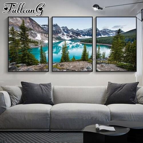 FULLCANG 5d diy diamond embroidery Lake Forest Stone Mountain diamond painting triptych full square round drill decor FC3000