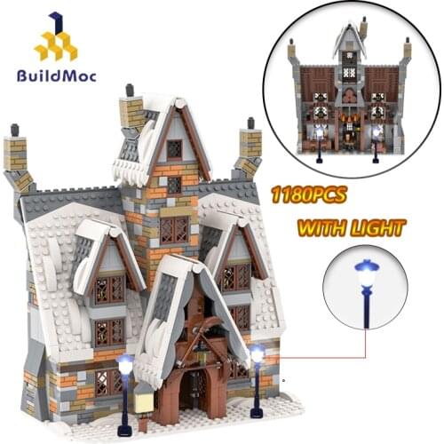 BuildMoc Movie Magic School Castle City Winter Village Street View Creator Wizard House Sweet Shop Building Block Bricks Kid Toy