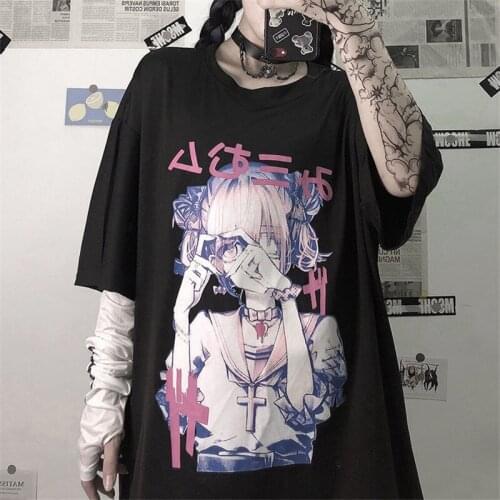 Black Cartoon Cotton Tshirt Streetwear Oversize T Shirt Harajuku Cool Japan Cute Casual Gothic Tshirt Amine Funny Loose Tops