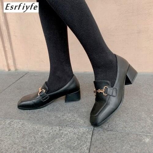 ESRFIYFE New Fashion Women Pumps Outside Square Toe Genuine Leather Mid Heels Slip-on Women Shoes Drop Shipping Large Size 33-43