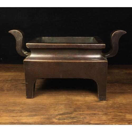 8"Chinese temple collection Old Bronze Cinnabar Lacquer Square Binaural Ding furnace incense burner Ornaments Town House