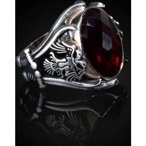 Men Silver Ring Sword Model Red Zircon Gemstone Men Ring Double Eagle Style Jewelry Animal Silver Ring