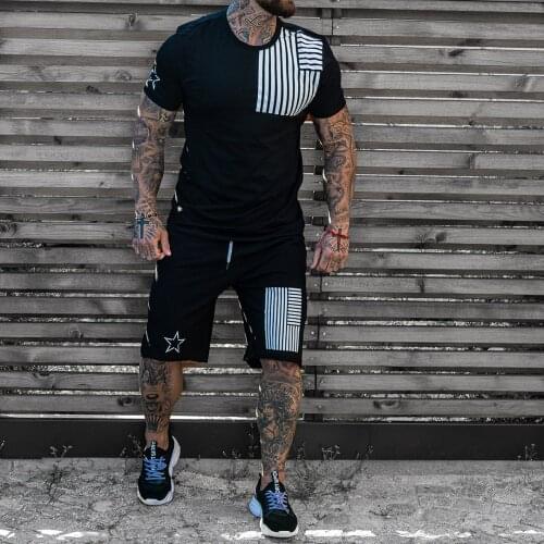 Mens Fashion T - Shirt Sets Summer Casual Sports Mens Short - Sleeved Suit