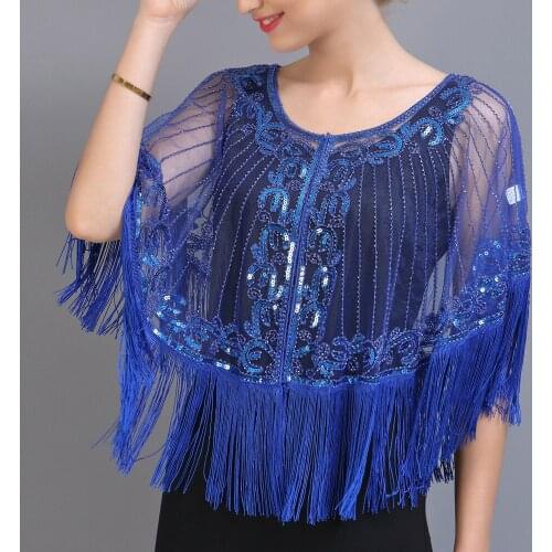 1920s Shawl Wraps Embellished Beaded Sequin Fringe Evening Cape Sheer Mesh Bridal Shawl Cover Up for Wedding Party