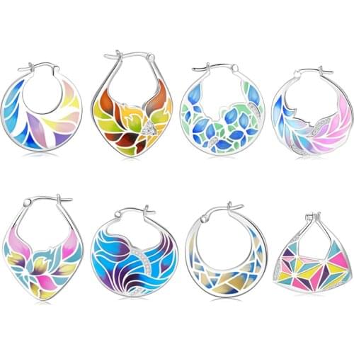 Natural Poetry 925 Sterling Silver Blue and Cubic Zirconia Flowers Leaves DIY Colourful Enamel Fine Earrings Party Jewelry Gifts