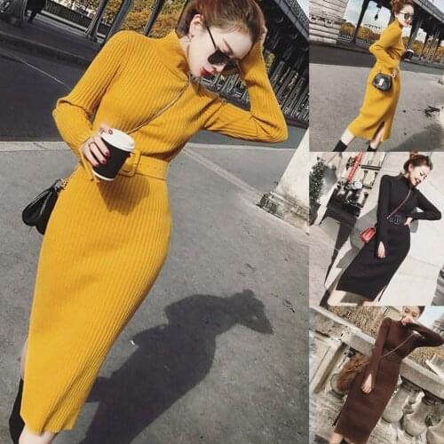 4@ Women Sweater Dress Knitting O-Neck Long Sleeve Solid Sashes Slim Long Dress New Ladies Korean Sweater Female Long Sleeve