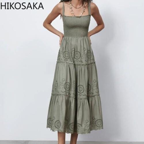 Shirring Slim A-line Bandage Slip Long Dresses Hook Flower Hollow Out Solid Empire Vestidos 2021 Summer New Chic Femme Robe