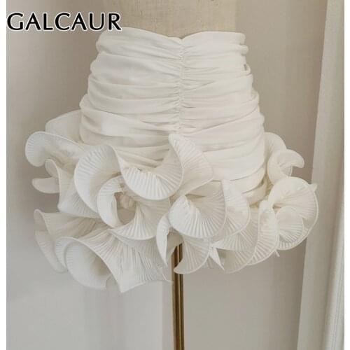 GALCAUR Casual White Ruched Skirt For Women High Waist Patchwork Zipper Irregular Solid Skirts Female Clothing 2021 Summer Style