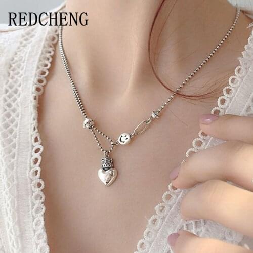 REDCHENG 925 Sterling Silver Bead Chain Necklaces for Women Fashion Personality Smiley Face Crown LOVE Heart Party Jewelry Gifts
