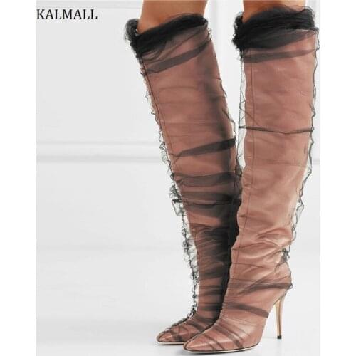 KALMALL Botas Mujer Transparent Lace Women Knee High Boots Slip-On Thigh High Boots Pointed Toe Stiletto Heels Women Long Boots