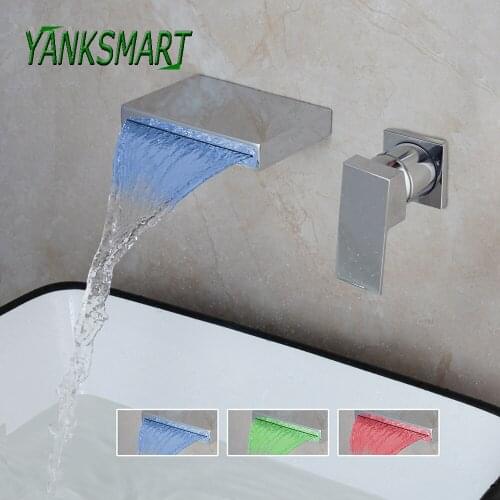 YANKSMART LED Chrome Polished Wall Mounted Bathroom Single Handle Faucet Bathtub Waterfall Faucets Basin Sink Tap Mixer Taps