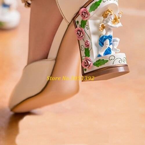 Angel Square Heel Pumps Mary Jane Round Toe Ankle Buckle Cut Out High Heel Handmade Shoes Runway Dress Party Shoes Crystal Heel