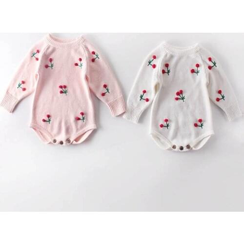 2020 Spring Baby Girls knit Rompers Long Sleeve Wool Knitted Cherry Rompers Toddler Autumn Clothing Baby Triangle Jumpsuit