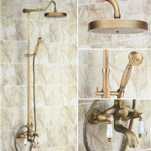Vintage Antique Brass Dual Ceramic Handles Bathroom 7.7 Inch Round Rain Shower Faucet Set Bath Tub Mixer Taps Hand Shower mrs247