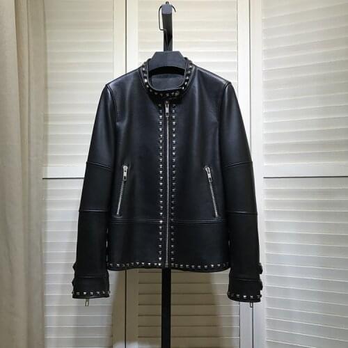 Korean Style Autumn Winter Womens High Quality Genuine Leather coat Chic Moter&biker Rivet leather jackets C940