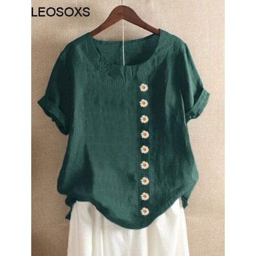 Summer Clothes For Women 2021 New Large Size Short Sleeve Retro Elegant Cotton And Linen Printed Loose Casual Blouse