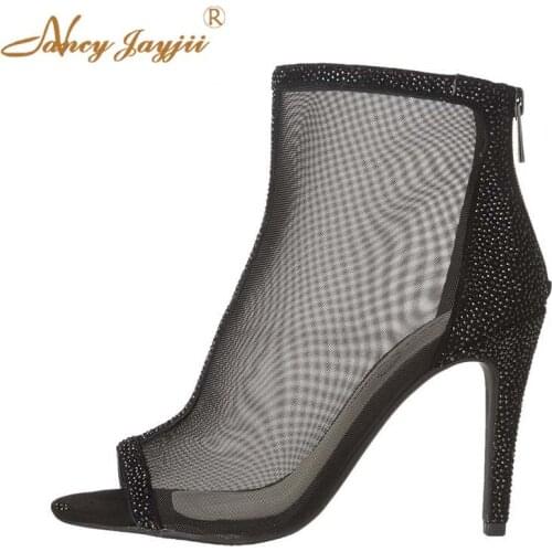 Nancyjayjii Female Shoes Adult Mesh Lady Black Boots Zipper Crystal Peep Toe Super High thin heels Summer Fashion Sexy Novelty