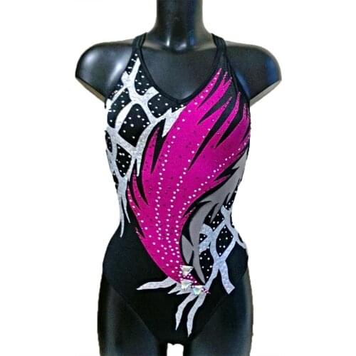 Girls Synchronized Swimming Suits Black Swimwear Stretchy Rhythmic Gymnastics Leotards Competition Unitards