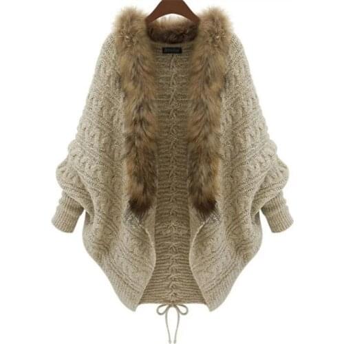 Autumn Winter 2021 New Knitted Cardigan Sweater Women Loose Fur collar Knit Cardigan Jacket Female Long sleeve bat shawl Jackets