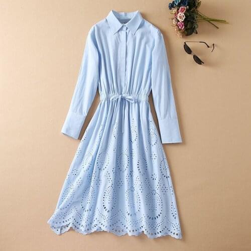 Top Quality Cotton Dress 2021 Autumn Women Turn-down Collar Hollow Out Embroidery Drawstring Waist Long Sleeve Casual Blue Dress