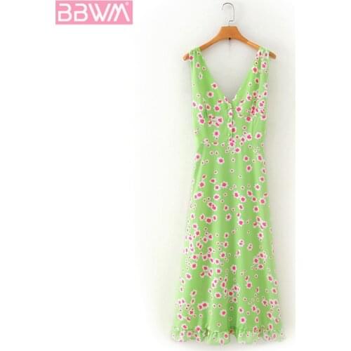 French Ruffled Chic Sleeveless V-neck Halter Womens Dress Sweet Simple and Fresh Female Dress 2020 Summer New Slim Fit