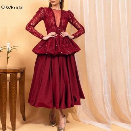 New Arrival Long sleeve evening dresses 2021 Burgundy Muslim evening dress Party abendkleid vestido festa