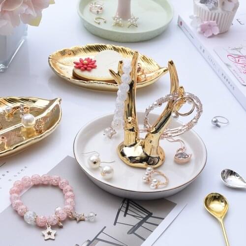 Golden Antlers Ceramic Jewelry Plate Leaf Dish Jewelry Storage Display Small Jewelry Rack Rings Bracelets Earrings Tray Holder