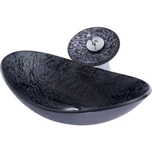 2021New Oval Black Waterfall Spout Basin Black Tap+Bathroom Sink Washbasin Tempered Glass With Faucet And Brass Drain