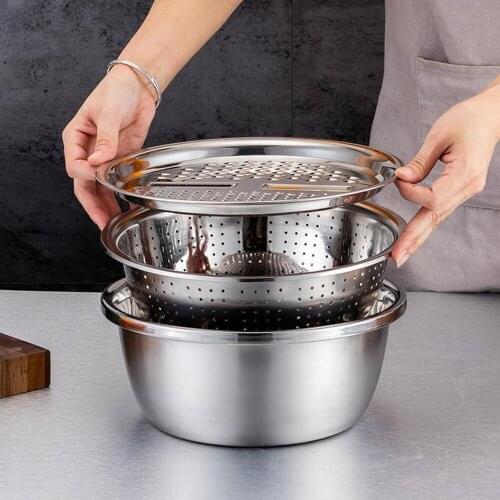 3pcs/SMultifunctional Mixing Bowl Set Stainless Steel Vegetable Slicer Basin Sink Colander Strain Washing Bowl Kitchen Gadgets