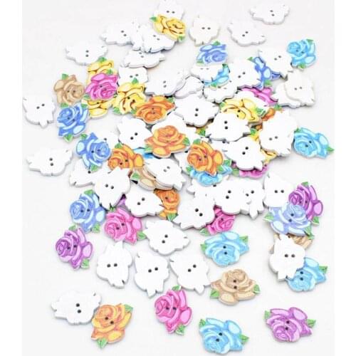 50pcs Mixed Flower Series Shape buttons 2 Holes Wood Decorative Buttons Cartoons Style Painting Sewing Scrapbooking Accessories