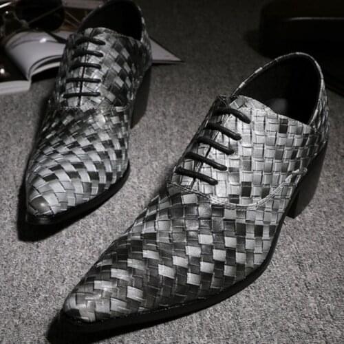 Batzuzhi Handmade ITALIAN Style Mens Shoes 6.5cm High Heels Lace-up Designer Leather Dress Shoes Men Weave Pattern, Big US6-12