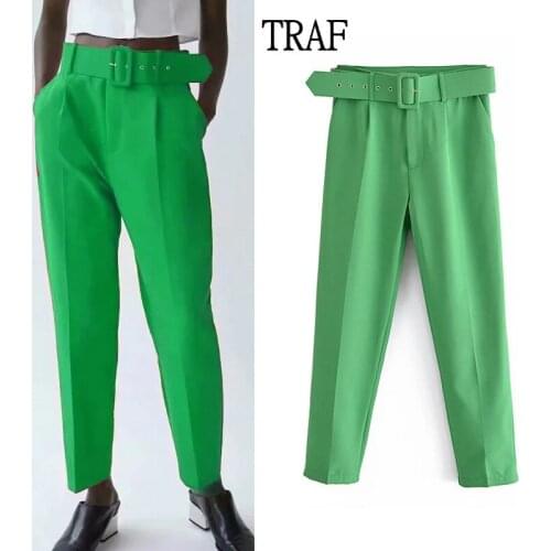 TRAF Za Green Women Pants 2021 Fashion Belt Straight Pants Lady Office High Waisted Pants Elegant Casual Woman Trouser Ankle
